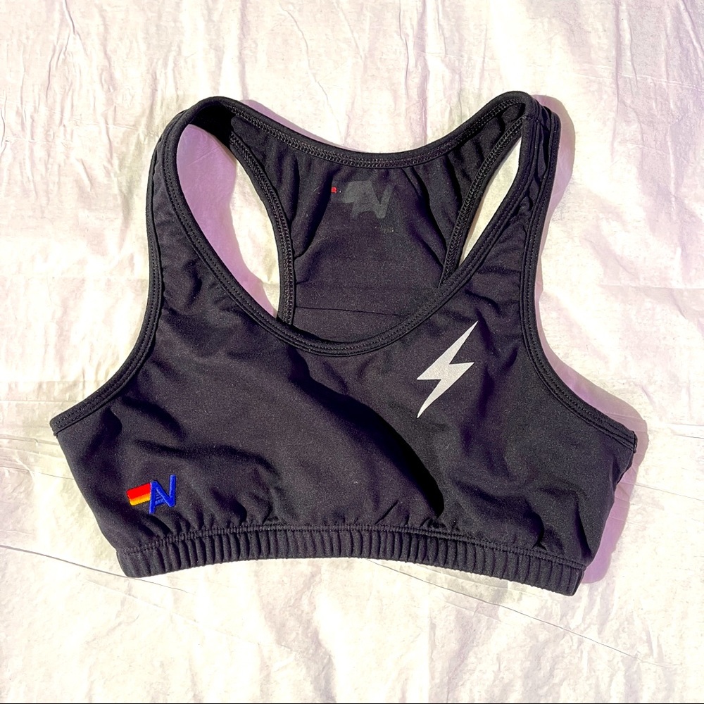 ⚡️Aviator Nation Classic Bolt Sports Bra, Black w/ Blue Stripes - Adult Small